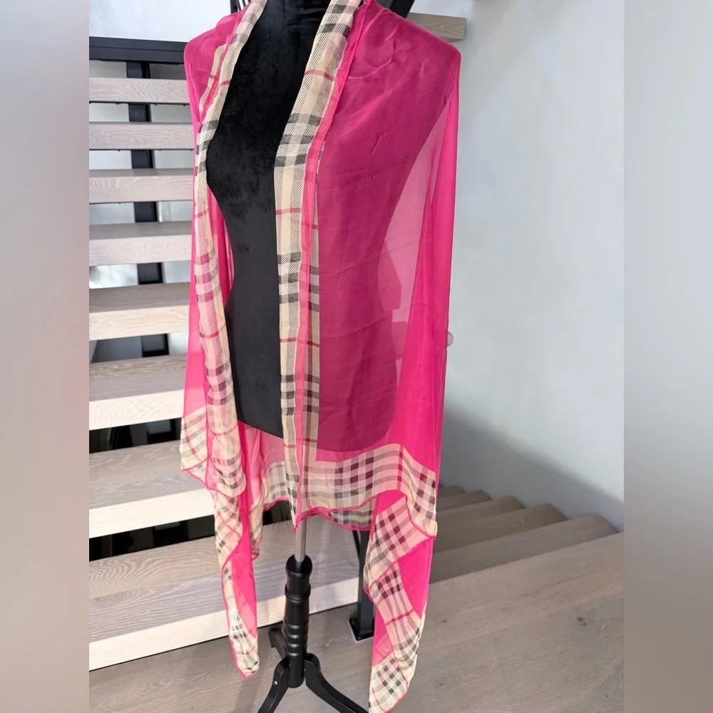 Pink Boho Vintage Sheer Scarf or Beach Wrap Shawl Cover up with Plaid Trim 67*42